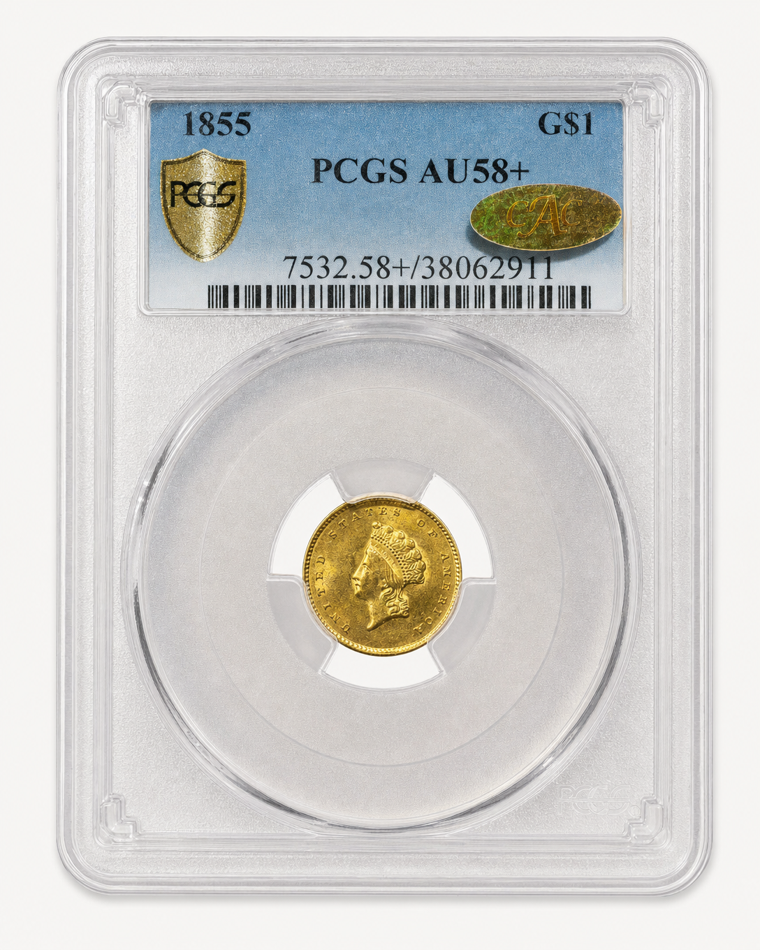 Auction-catalog studio image of the 1855 Gold Dollar