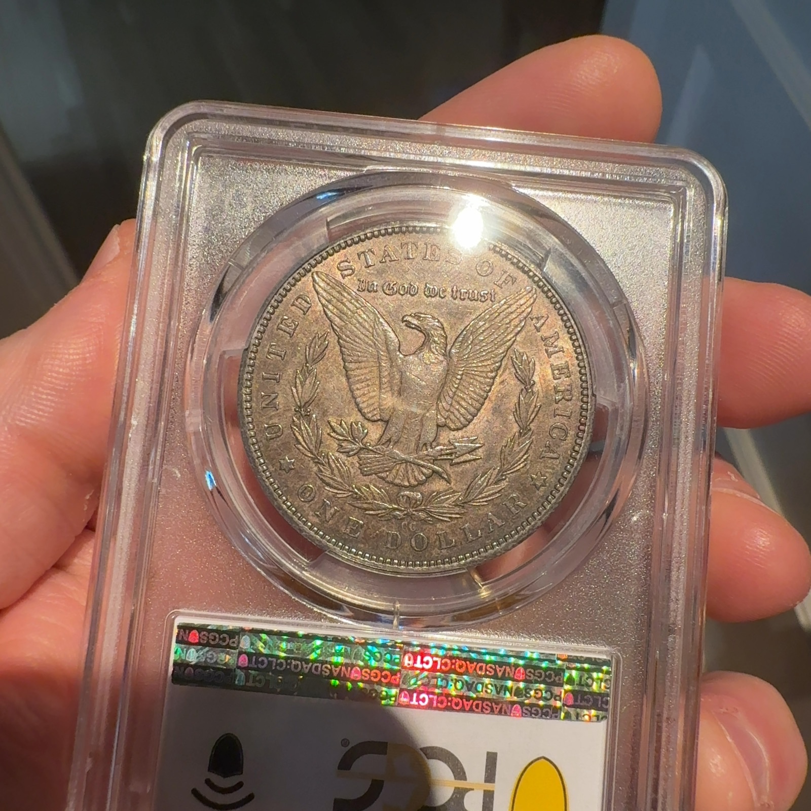 Handheld phone photograph 8 of the 1893-CC Morgan Dollar in its holder