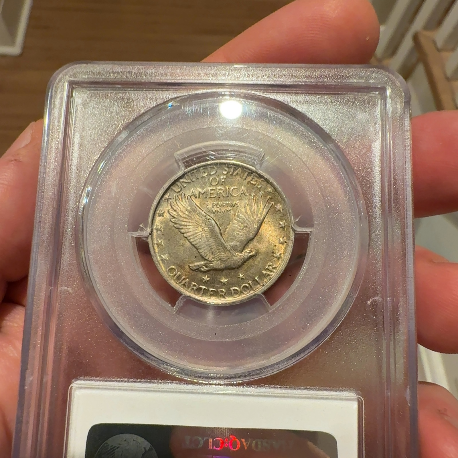 Handheld phone photograph 6 of the 1921 Standing Liberty Quarter in its holder
