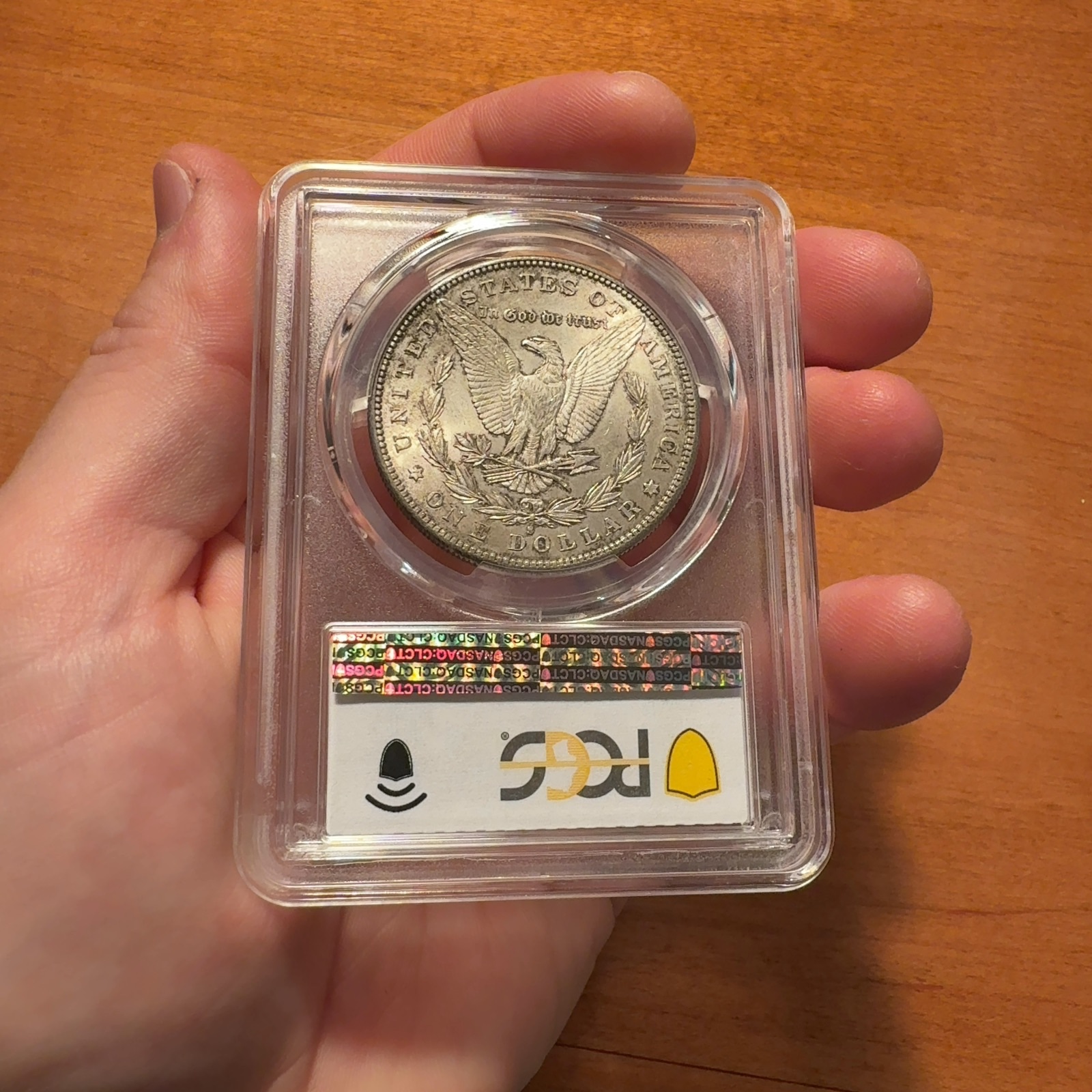 Handheld phone photograph 6 of the 1884-S Morgan Dollar in its holder