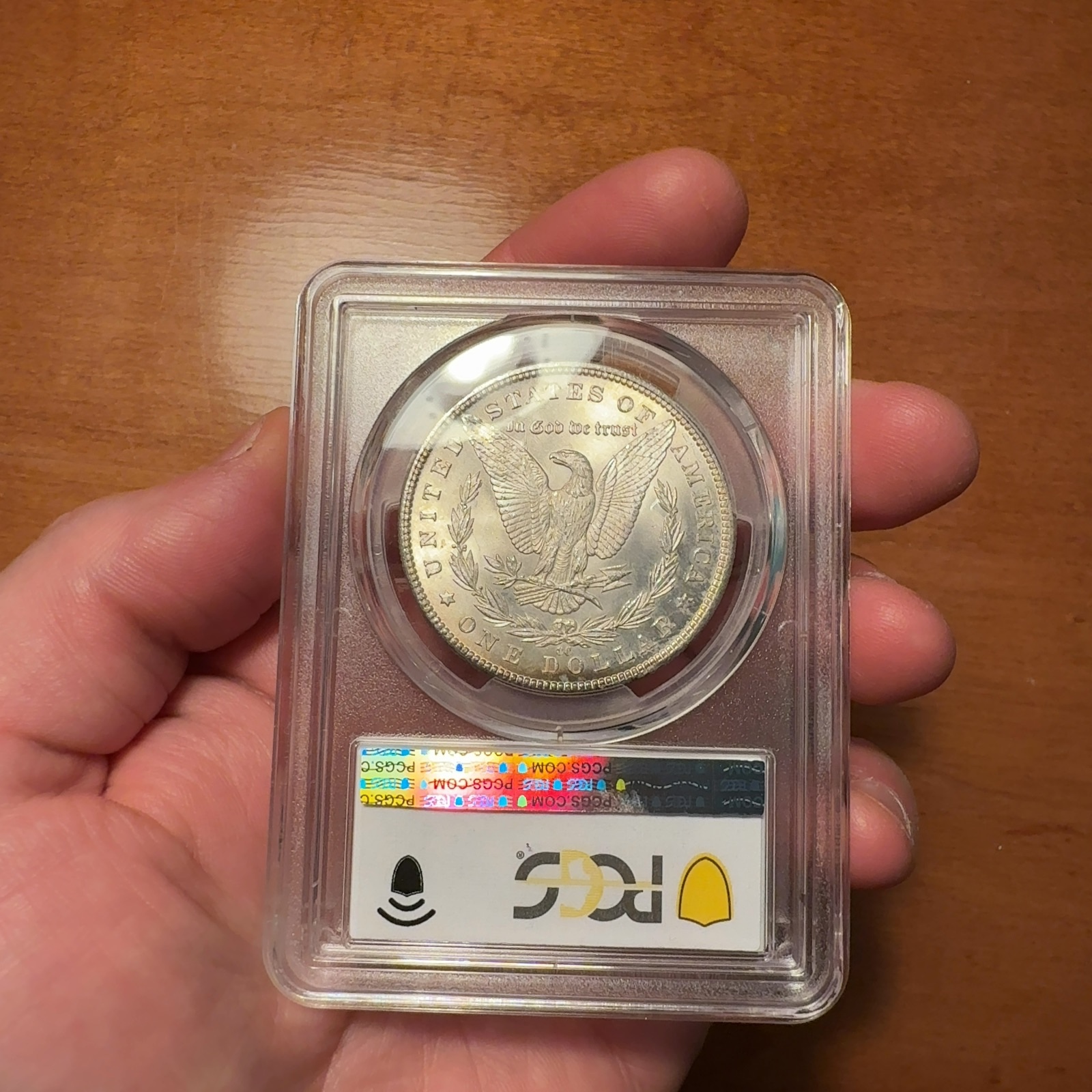 Handheld phone photograph 5 of the 1884-CC Morgan Dollar in its holder