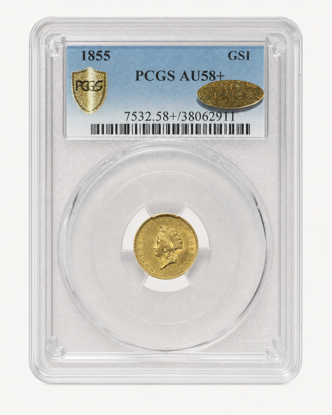 Auction-catalog studio image of the 1855 Gold Dollar