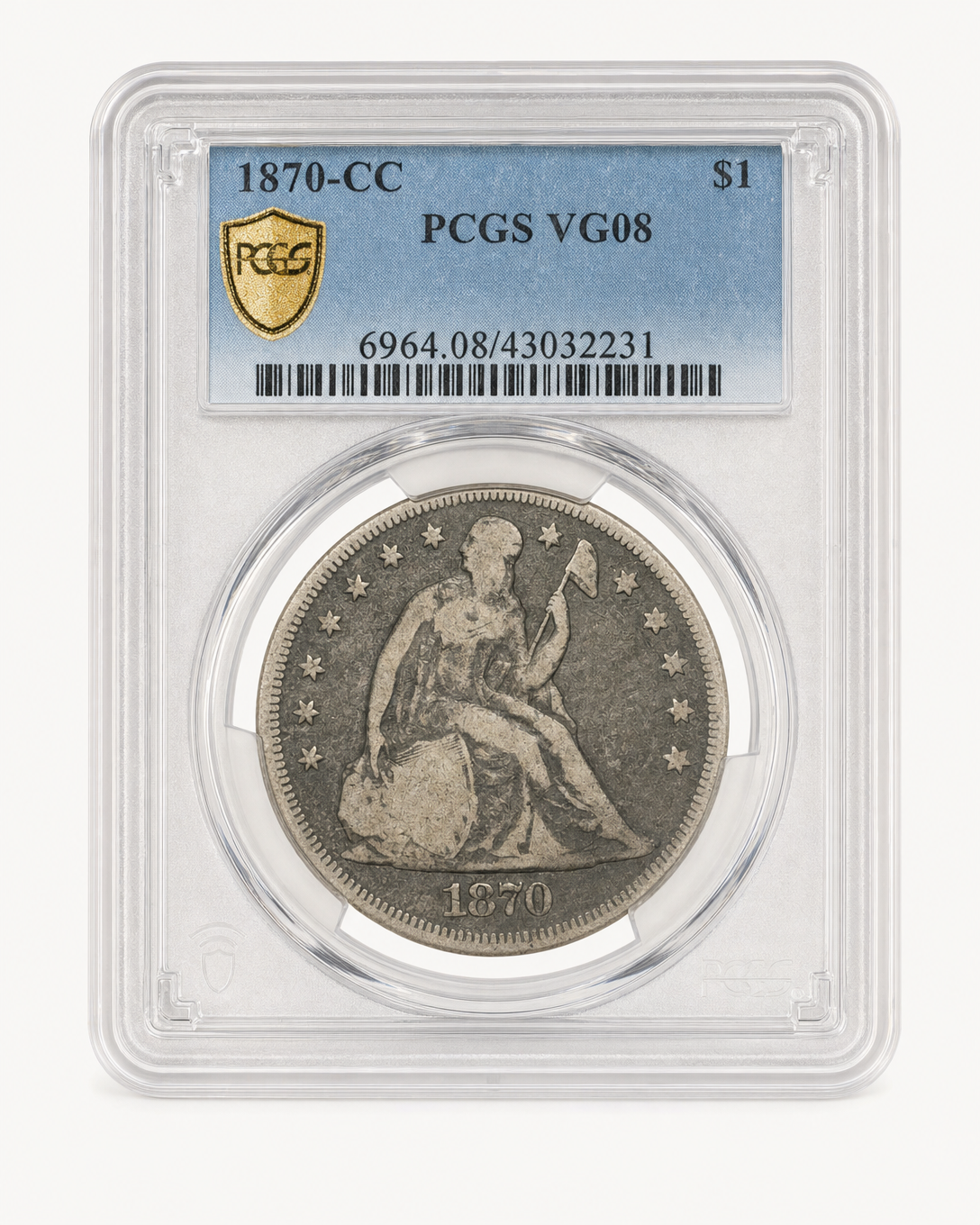 Auction-catalog studio image of the 1870-CC Seated Liberty Dollar