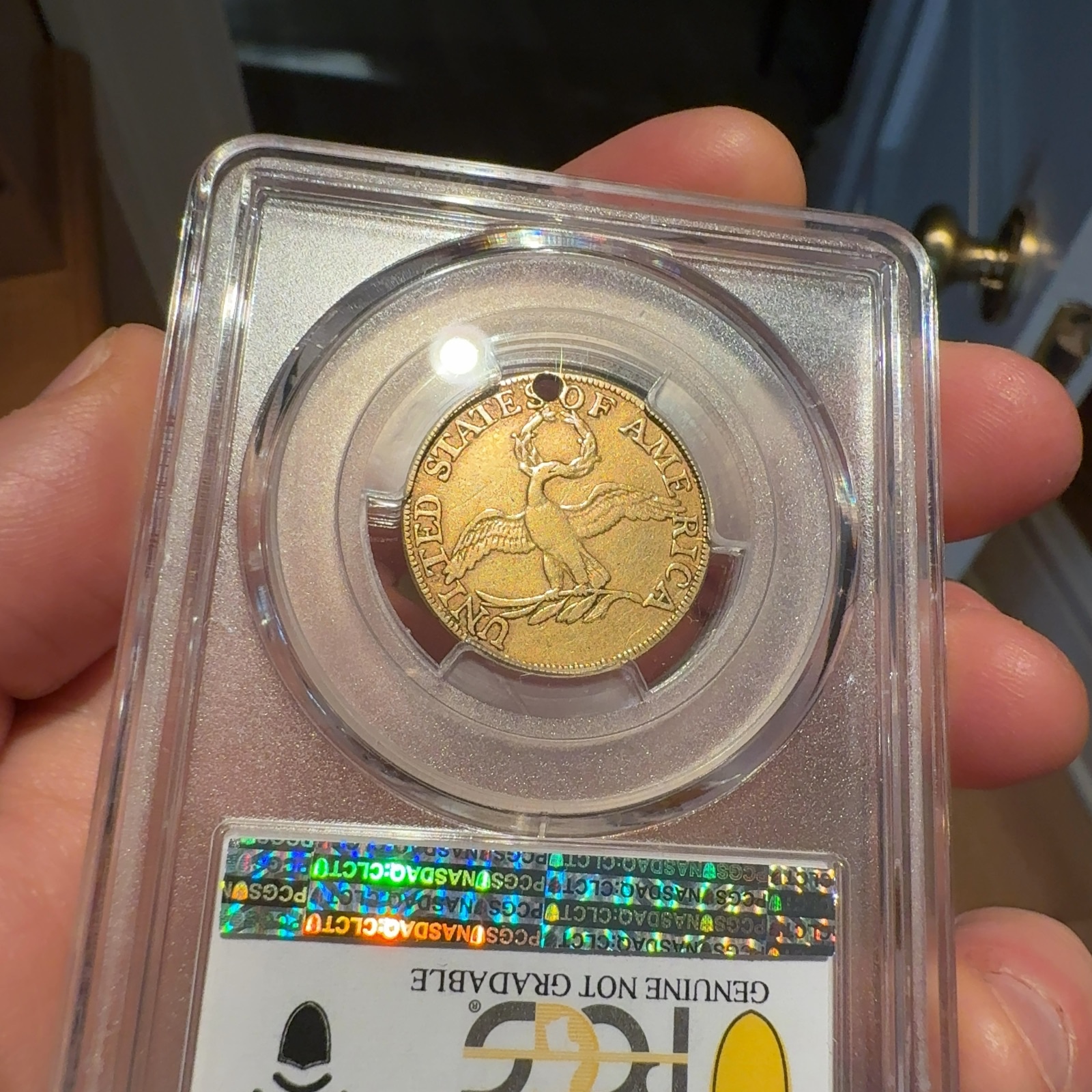 Handheld phone photograph 6 of the 1795 Half Eagle in its holder