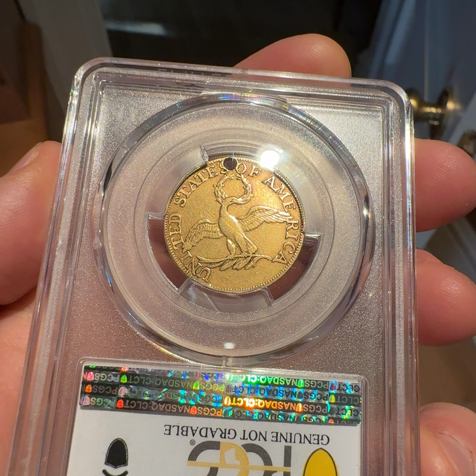 Handheld phone photograph 7 of the 1795 Half Eagle in its holder