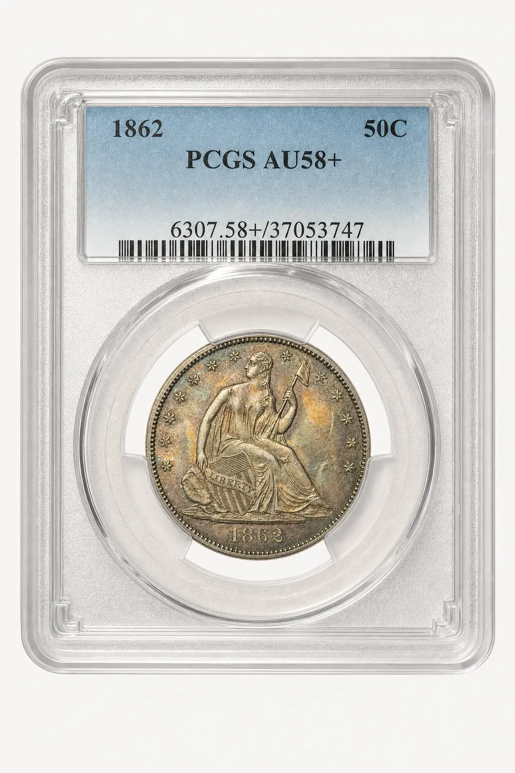 Auction-catalog studio image of the 1862 Seated Liberty Half Dollar