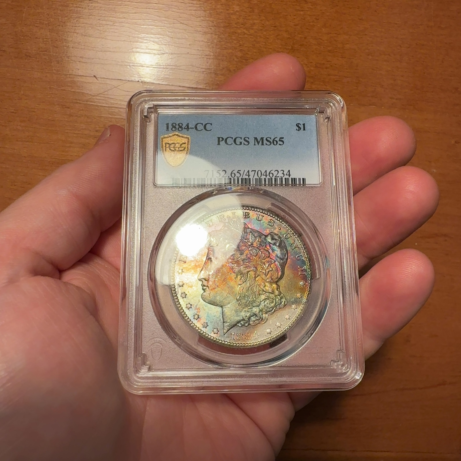 Handheld phone photograph 2 of the 1884-CC Morgan Dollar in its holder