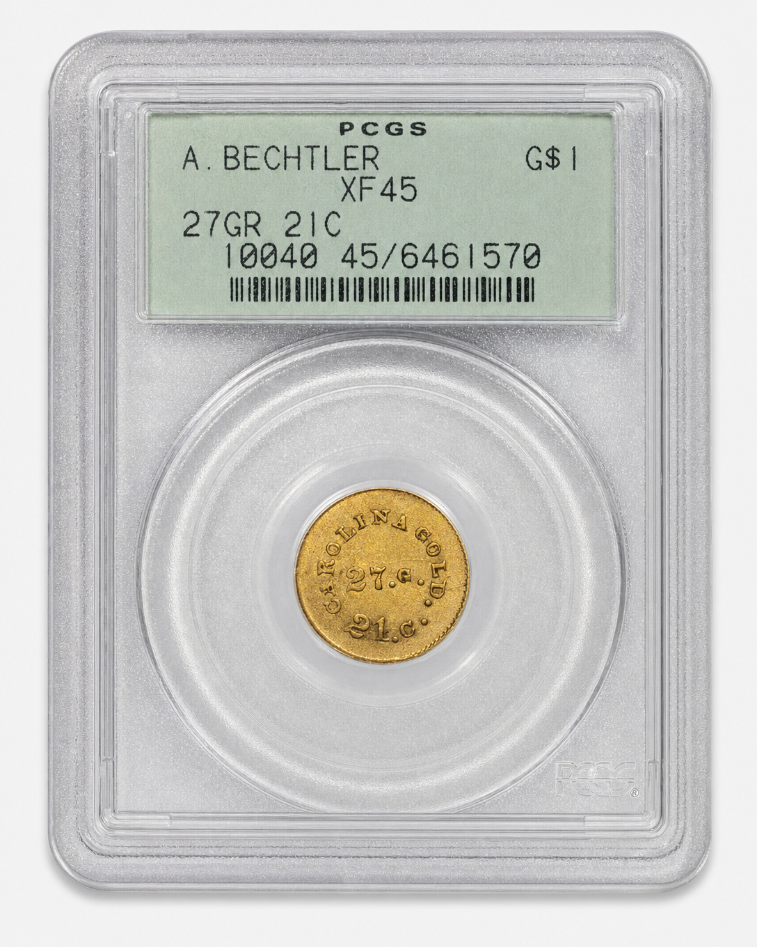 Auction-catalog studio image of the 1830s Bechtler Gold Dollar