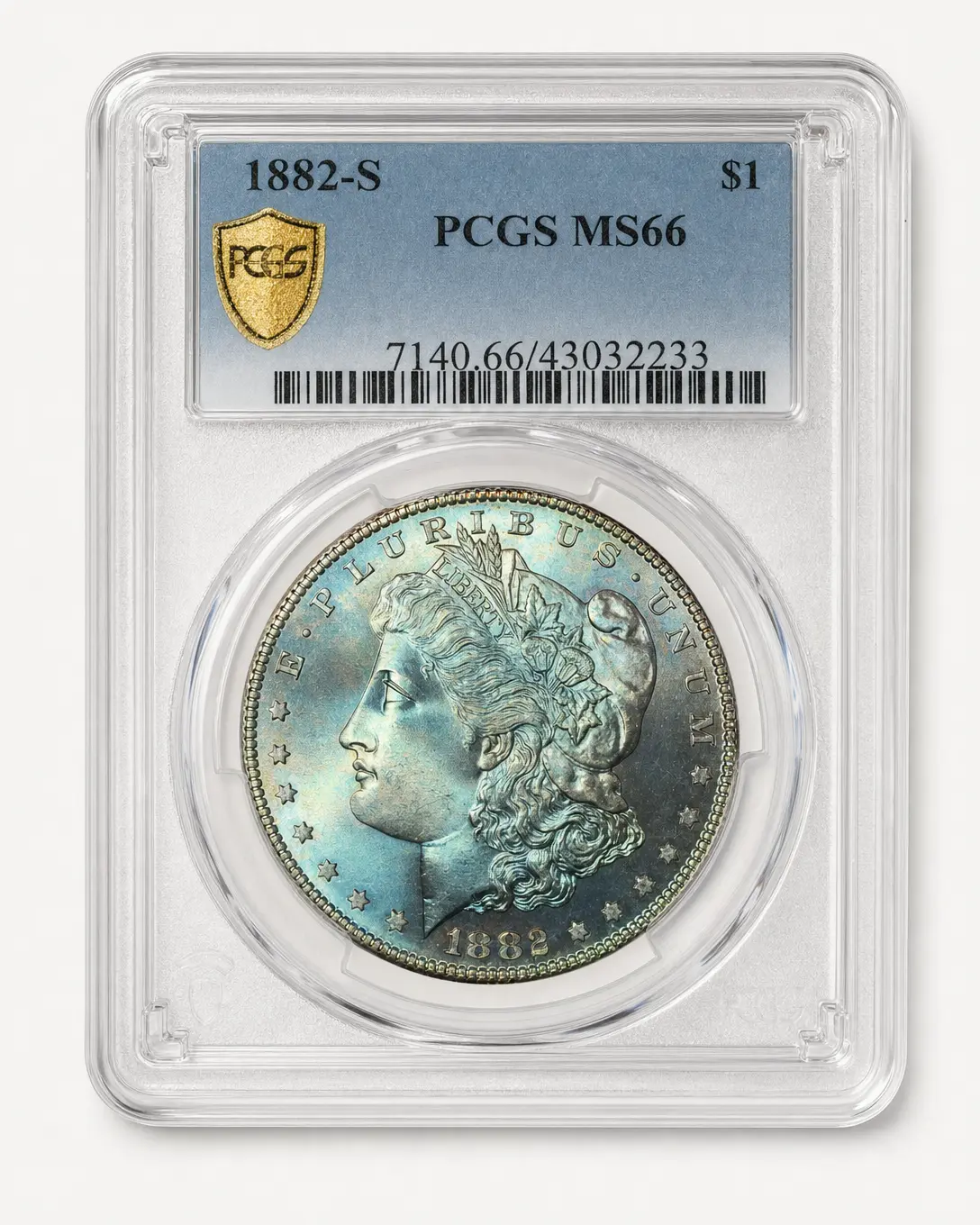 Auction-catalog studio image of the 1882-S Silver Dollar