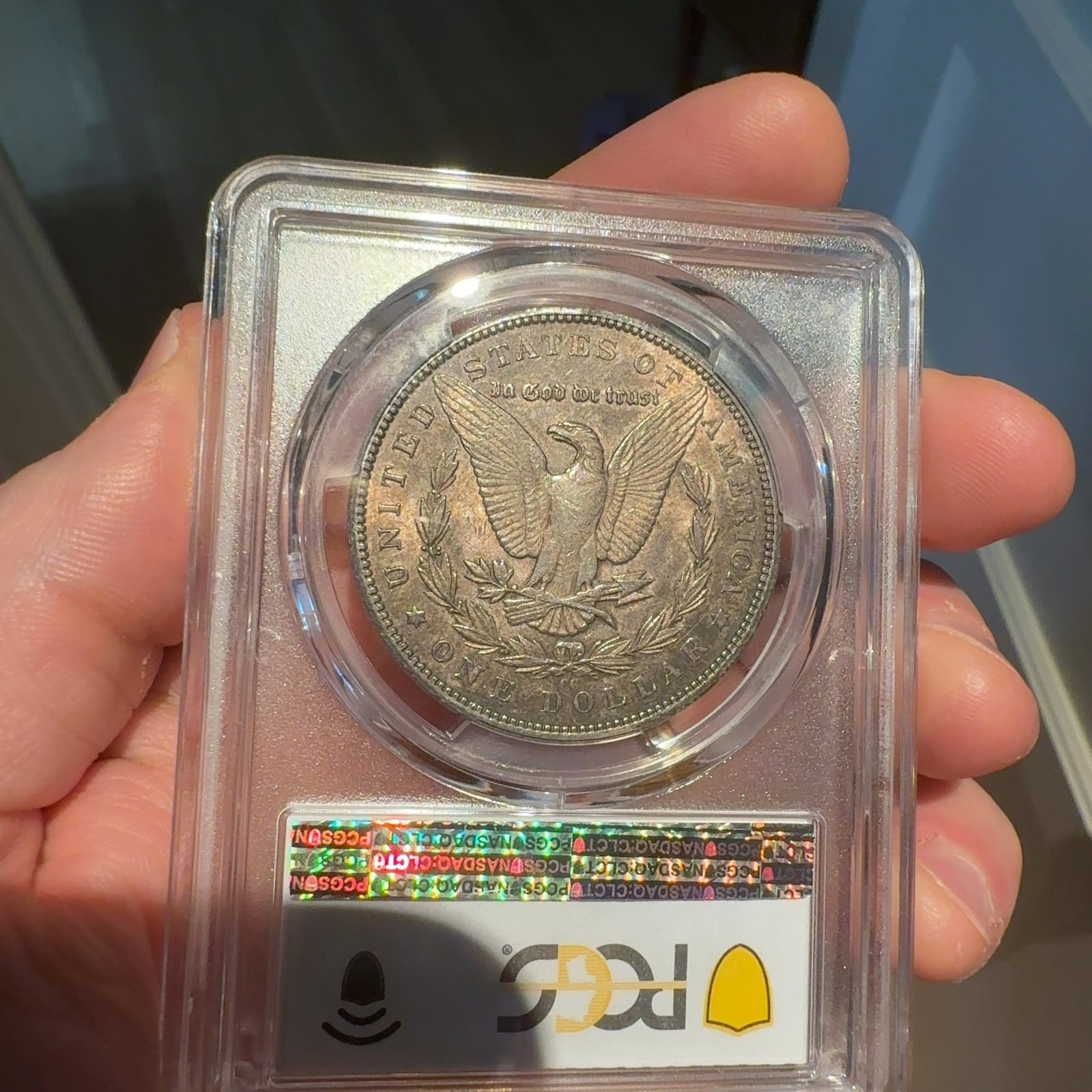 Handheld phone photograph 6 of the 1893-CC Morgan Dollar in its holder