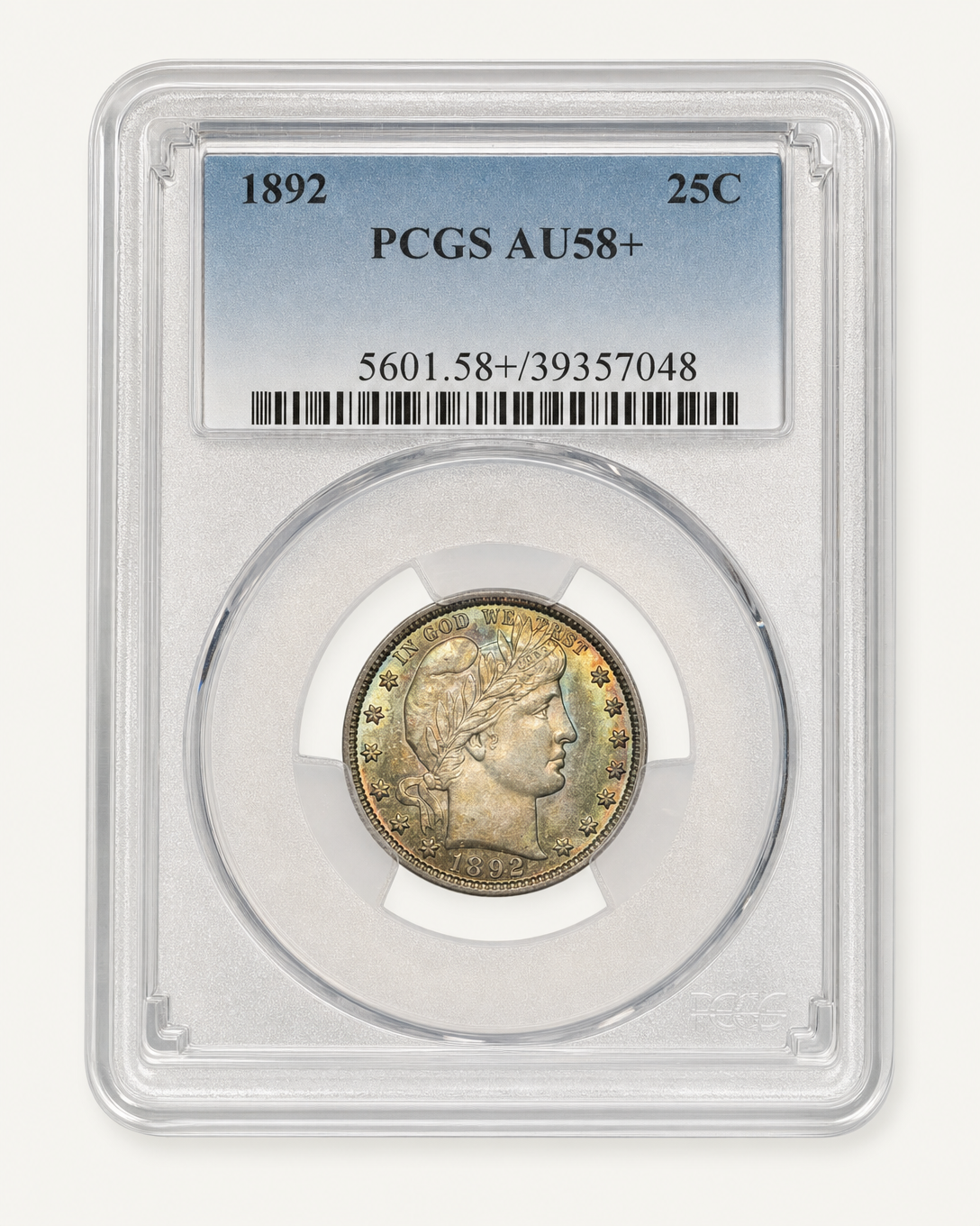Auction-catalog studio image of the 1892 Barber Quarter