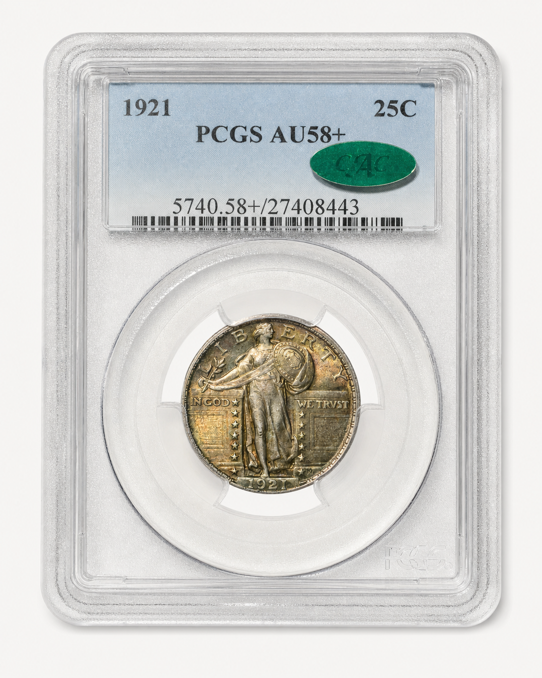 Auction-catalog studio image of the 1921 Standing Liberty Quarter