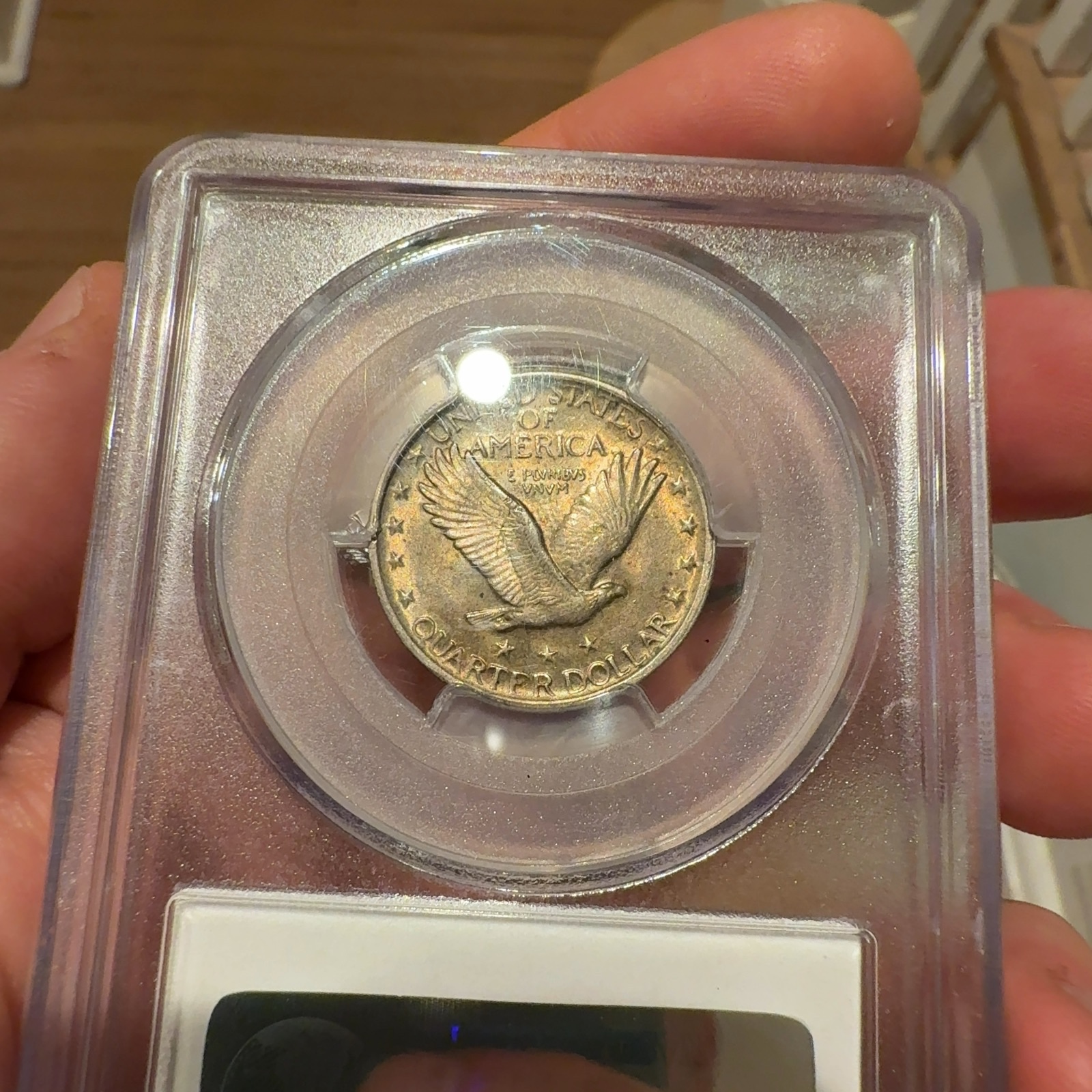 Handheld phone photograph 8 of the 1921 Standing Liberty Quarter in its holder