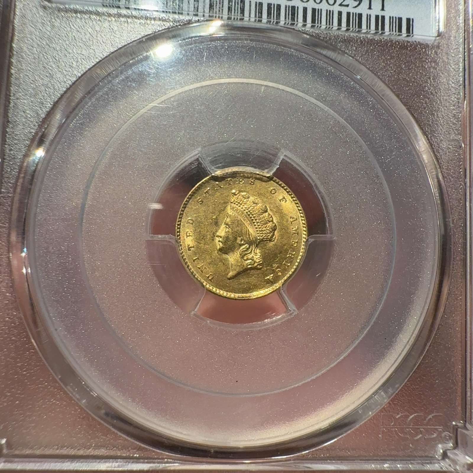 Handheld phone photograph 4 of the 1855 Gold Dollar in its holder