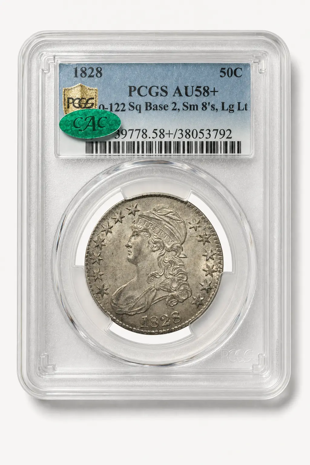 Auction-catalog studio image of the 1828 Capped Bust Half Dollar