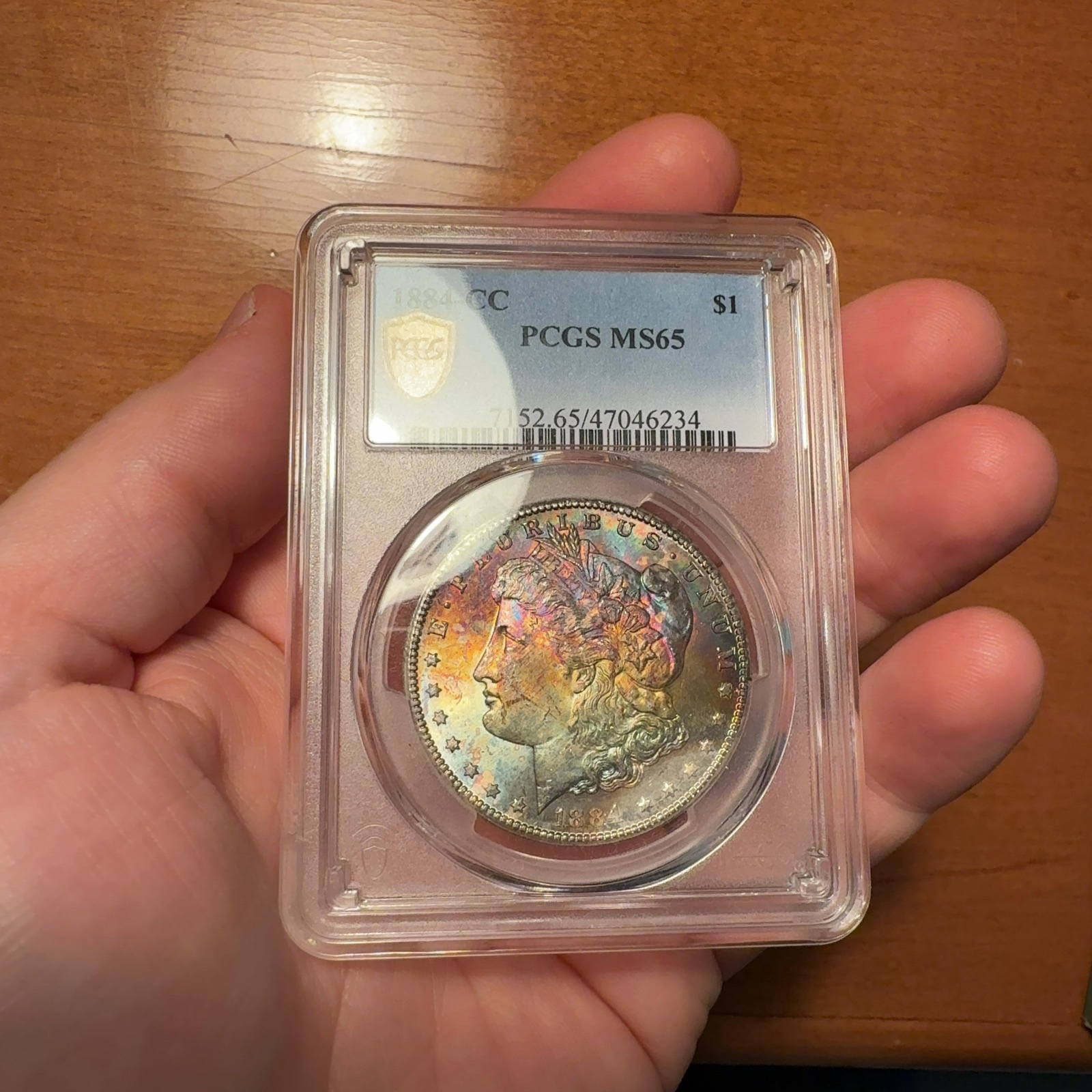 Handheld phone photograph 1 of the 1884-CC Morgan Dollar in its holder