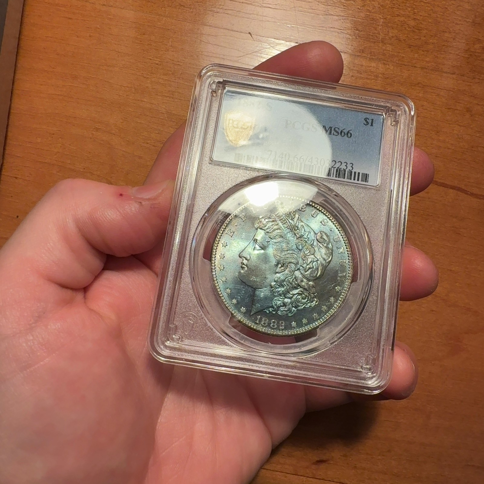 Handheld phone photograph 3 of the 1882-S Silver Dollar in its holder
