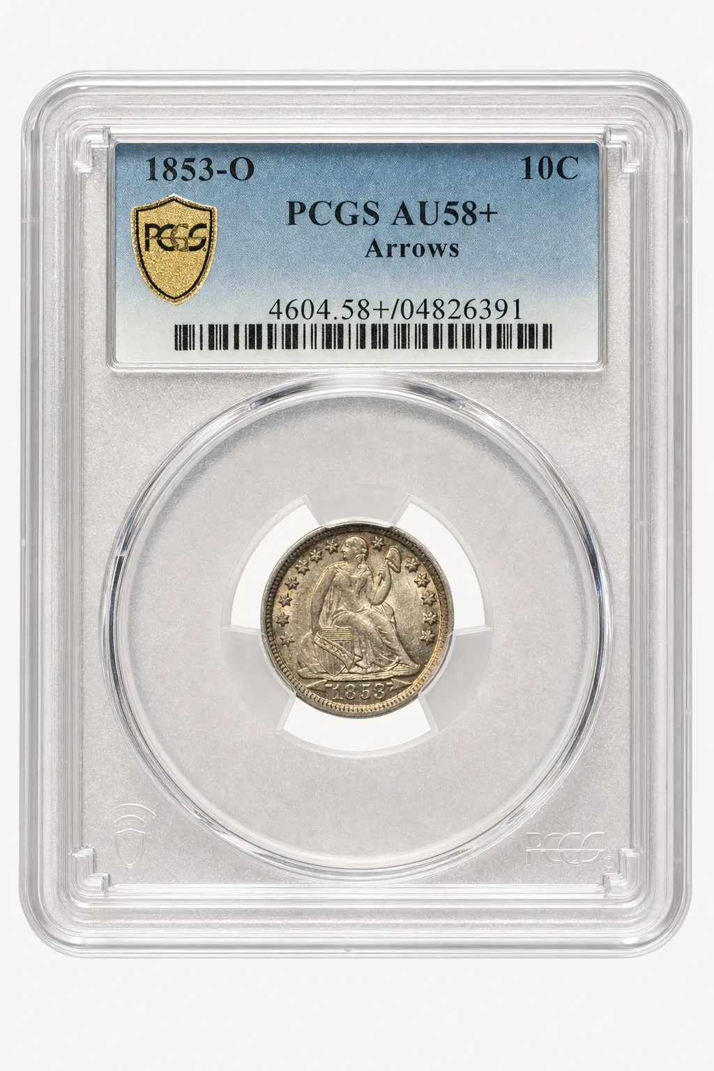 Auction-catalog studio image of the 1853-O Seated Liberty Dime
