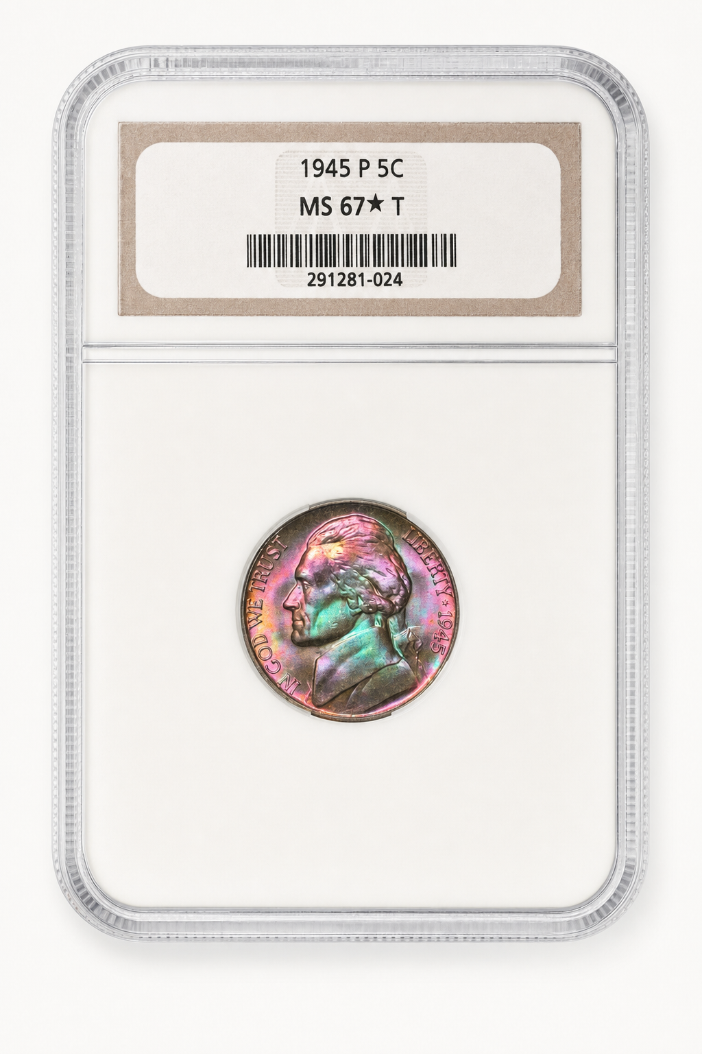 Auction-catalog studio image of the 1945-P Jefferson Nickel