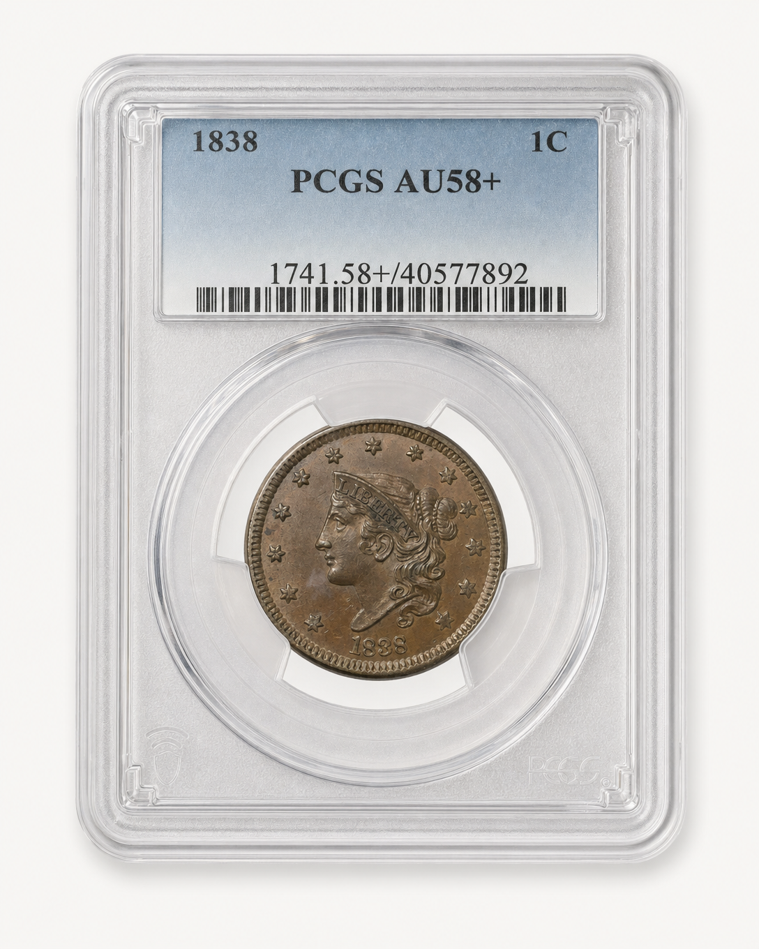 Auction-catalog studio image of the 1838 Coronet Large Cent