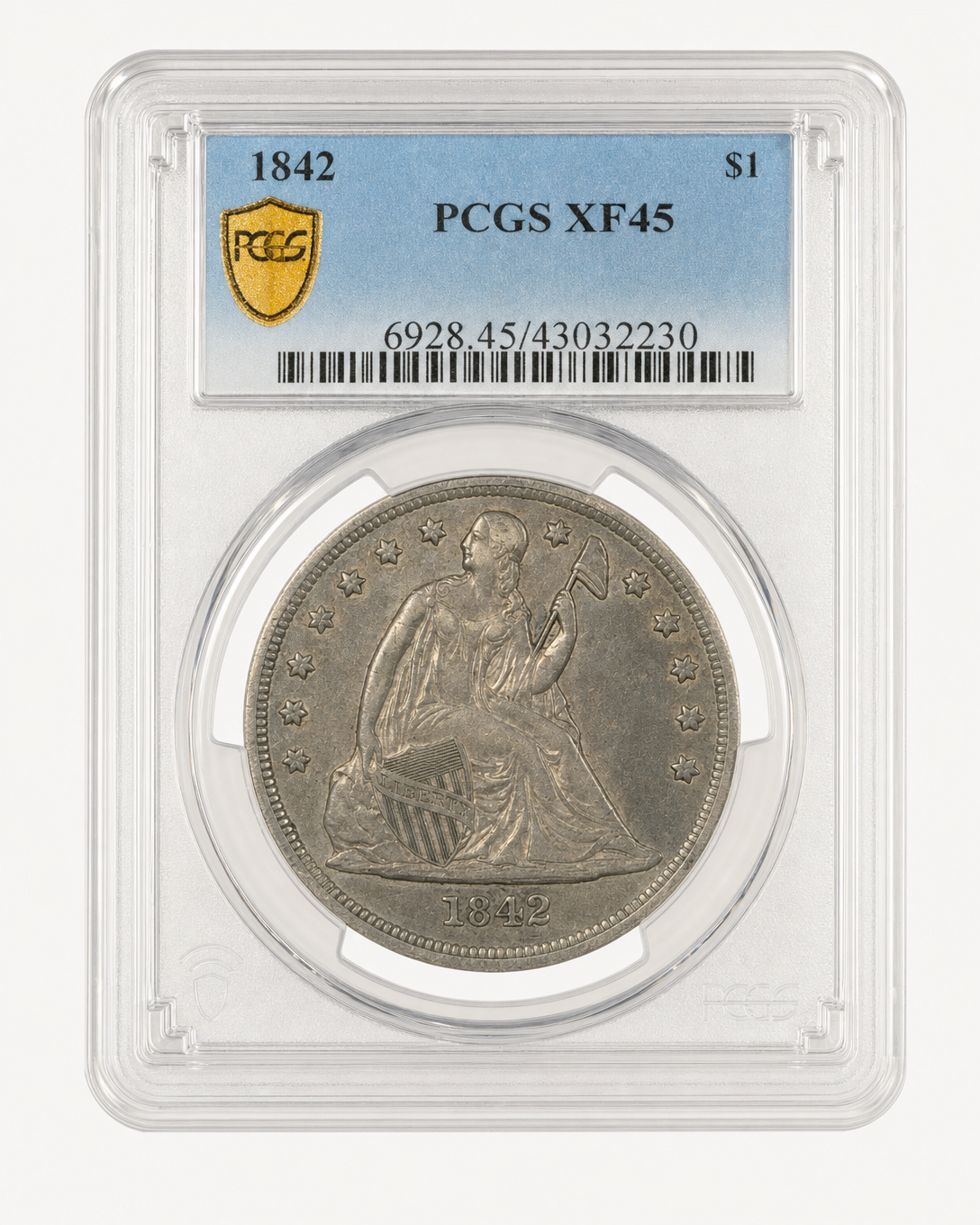 Auction-catalog studio image of the 1842 Silver Dollar