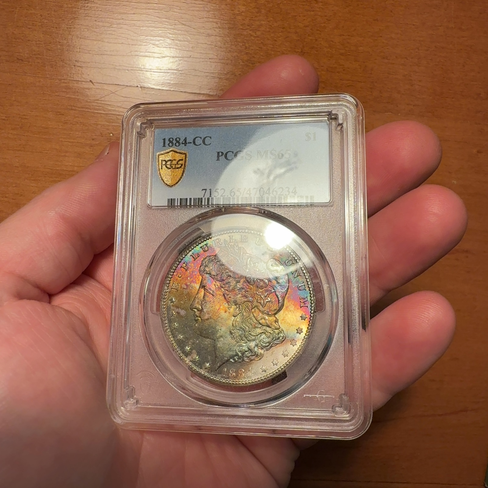 Handheld phone photograph 3 of the 1884-CC Morgan Dollar in its holder