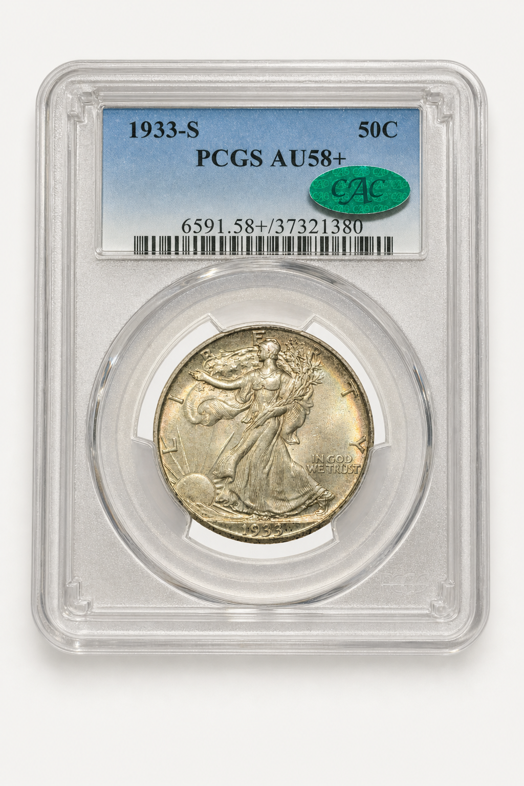 Auction-catalog studio image of the 1933-S Walking Liberty Half